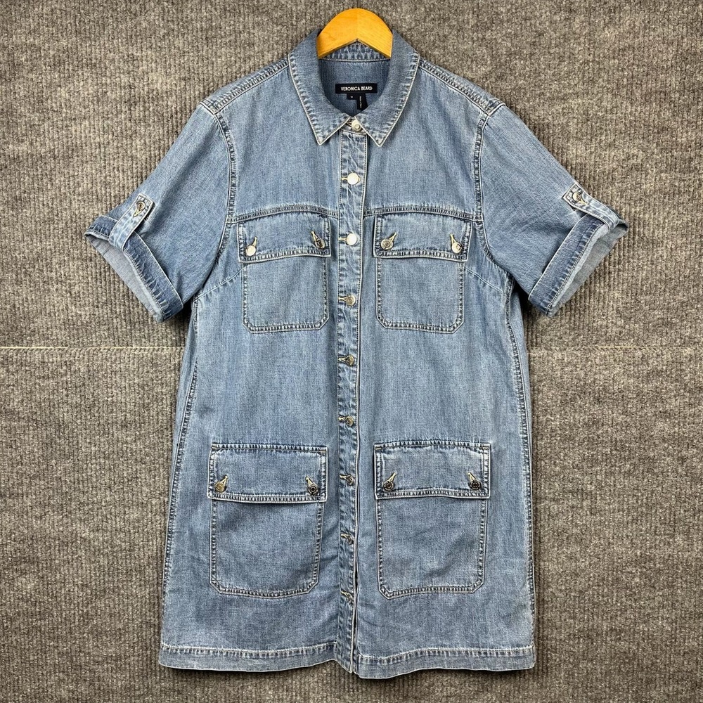 Veronica Beard Warren Denim Dress Womens 14 Button Front Short Sleeve It Girl‎